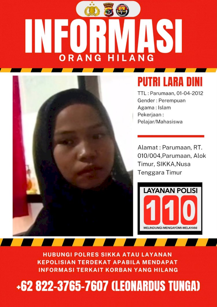 Keluarga Resah, Putri Lara Dini Tak Kunjung Pulang, Laporan Orang Hilang Masuk Polres Sikka